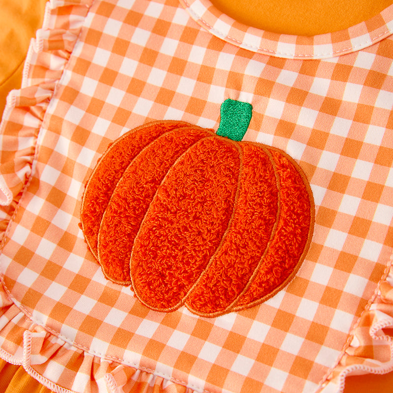 Girls Halloween Pumpkin Chenille Patches Orange Long Sleeves Dress