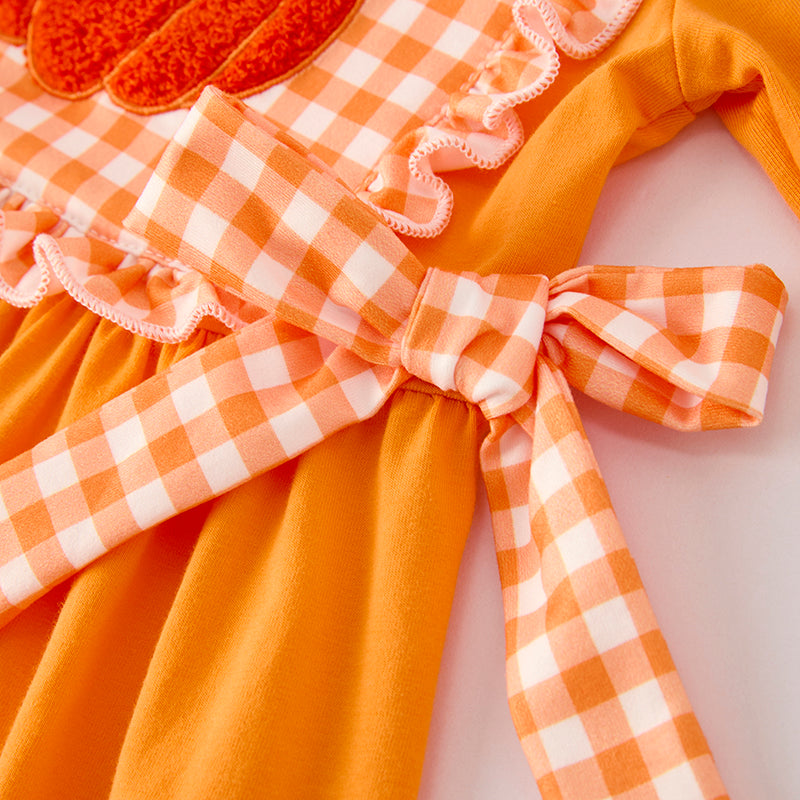 Girls Halloween Pumpkin Chenille Patches Orange Long Sleeves Dress