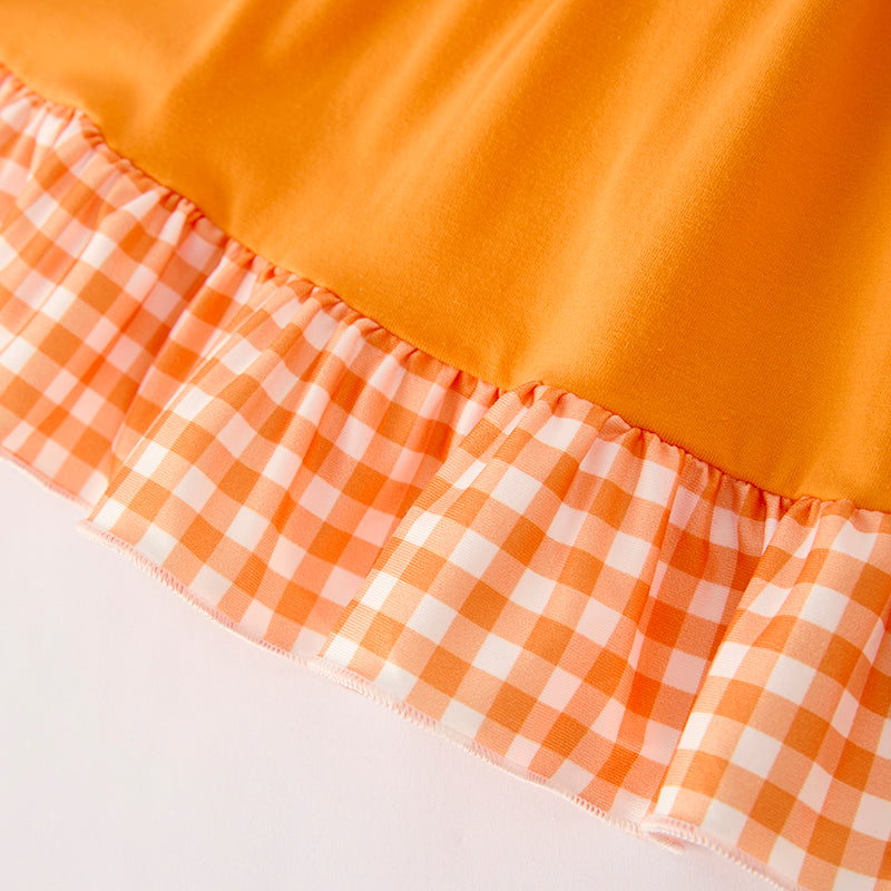 Girls Halloween Pumpkin Chenille Patches Orange Long Sleeves Dress