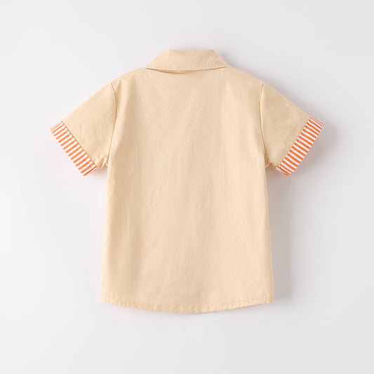 Boys Halloween Pumpkin Chenille Patch Cotton Shirt