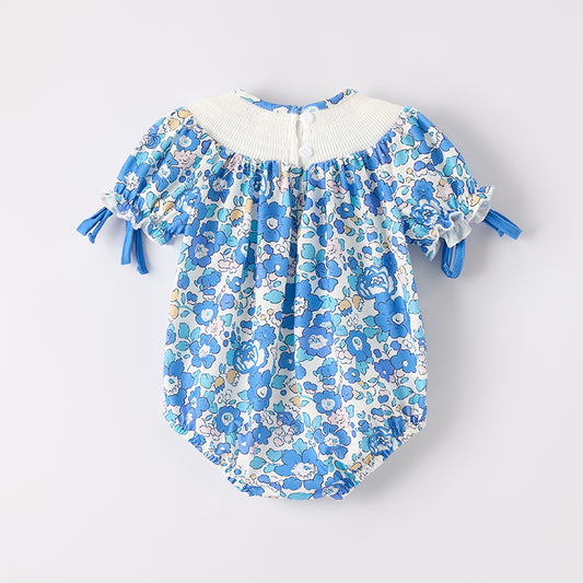 Baby Girls "JESUS LOVES ME" Blue Floral Smocked Embroidery Romper
