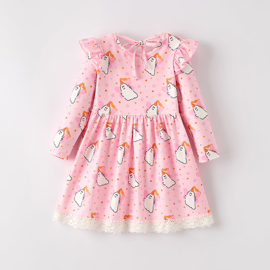 Girls Halloween Ghost Pink Lace Long Sleeves Dress
