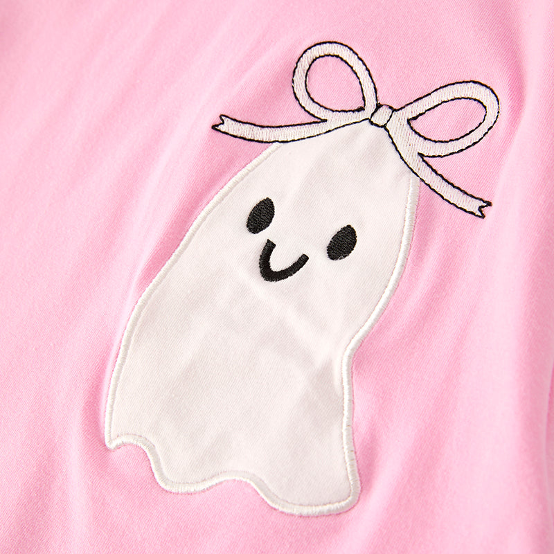 Girls Halloween Pink Ghost Applique Bow Embroidery Dress