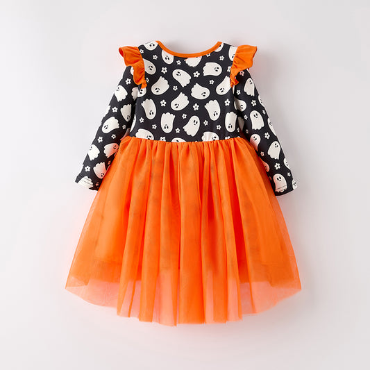 Girls Halloween Black Ghost Orange Tulle Dress