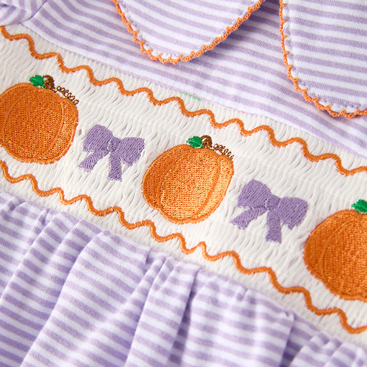 Baby Girls Halloween Pumpkin Embroidery Lavernder Stripes Romper