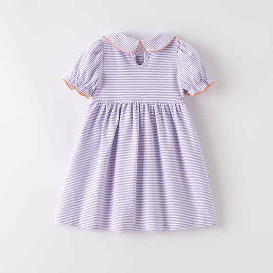 Girls Halloween Pumpkin Embroidery Lavender Stripes Dress