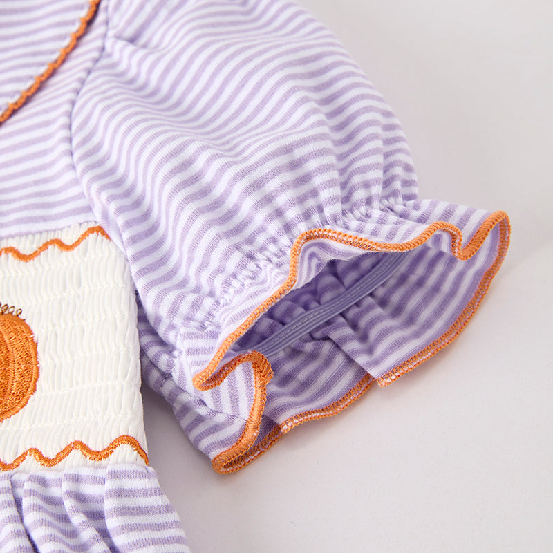 Girls Halloween Pumpkin Embroidery Lavender Stripes Dress