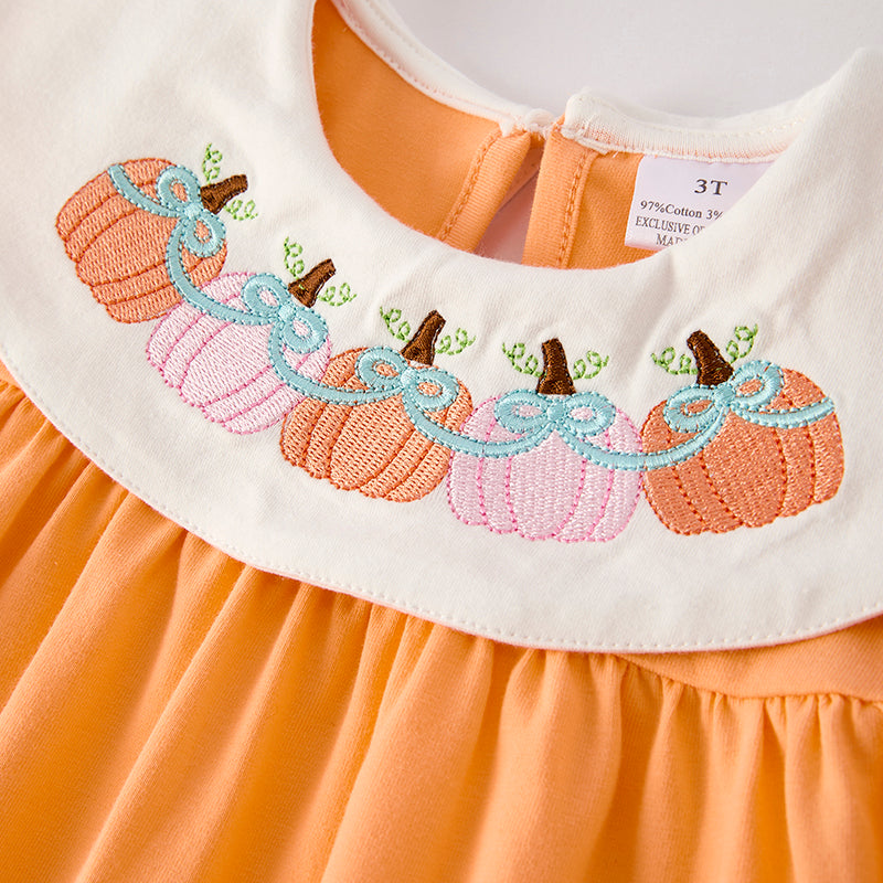 Girls' Halloween Orange Pumpkin Embroidery Dress