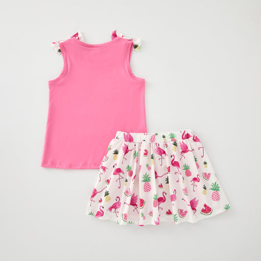 Girls Summer Watermelon Flamingo Pineapple Pink Skirt Set