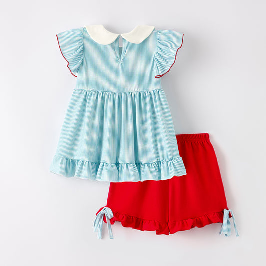 Girls Back To School Ruffled Apple Embroidery Short Set