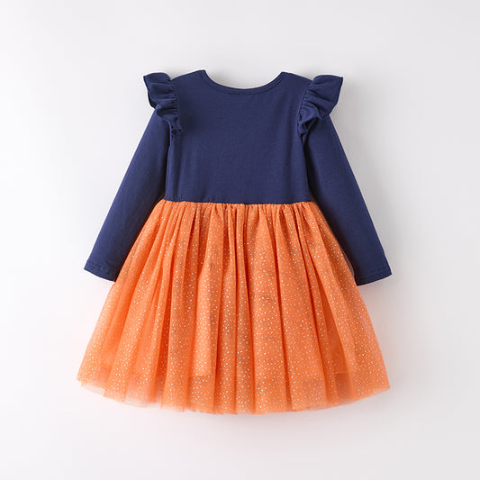Girls Fall Halloween Pumpkin Sequins Apploqie Orange Tulle Dress