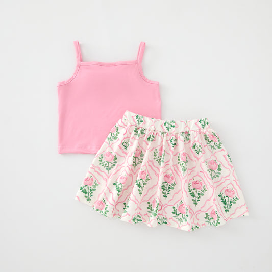 Girls Summer Pink Green Flower Print Slip Top Skirt Set