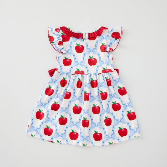 Girls Back To School Red Blue Apple Bow Dress