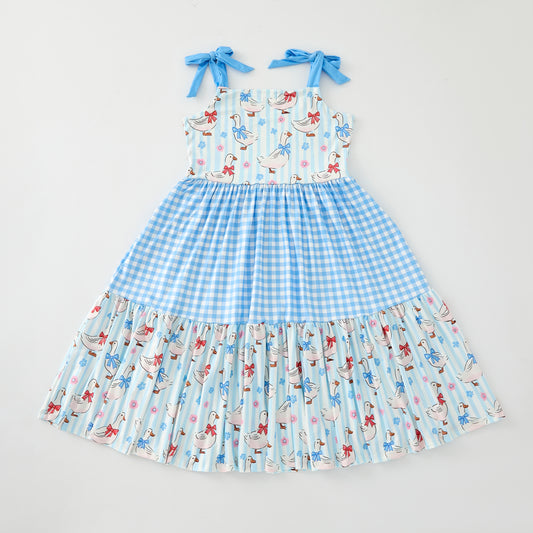 Girls Blue Plaid Floral Print Slip Pacthwork Maxi Dress