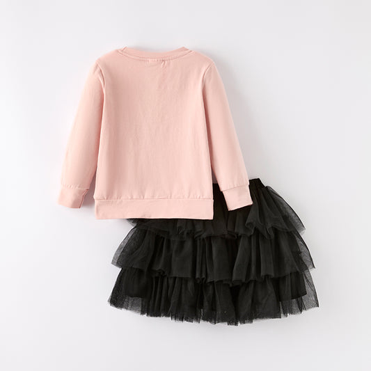 Girls Halloween Witch Pink Black Tulle Skirt Set