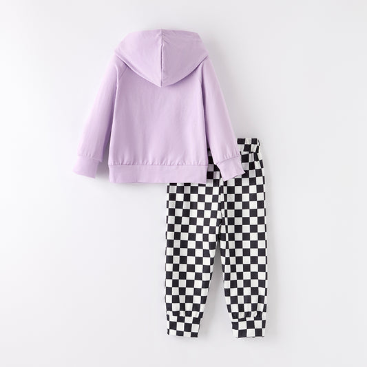 Girls Hallowen Spooky Vibes Lavender Black Plaid Hoodies Set