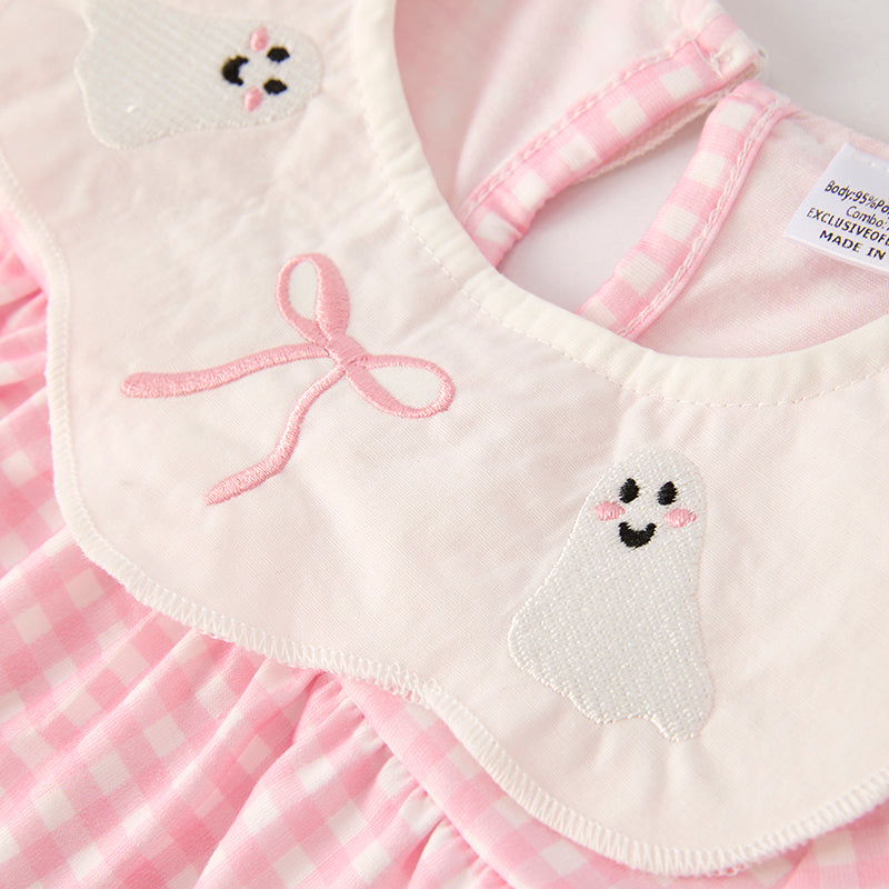 Girls Halloween Pink Plaid Ghost Applique Dress