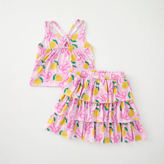 Girls Summer Pink Bow Lemon Print Athletic Ruffled Skirt Set