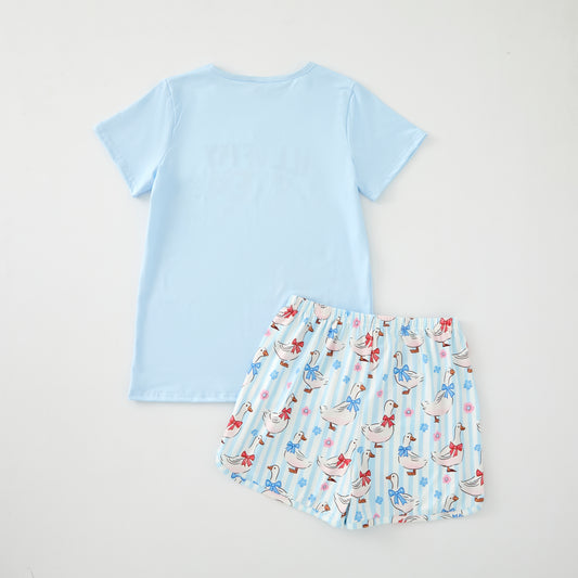 Girls Summer Blue Silly Goose Print Short Set