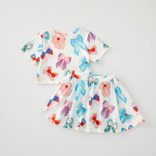 Girls Summer Colorful Bow Print Soft Skirt Set