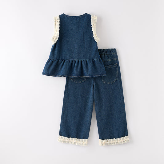 Girls' Soft Denim Sleeveless Vest & Lace Trim Pants Summer Set
