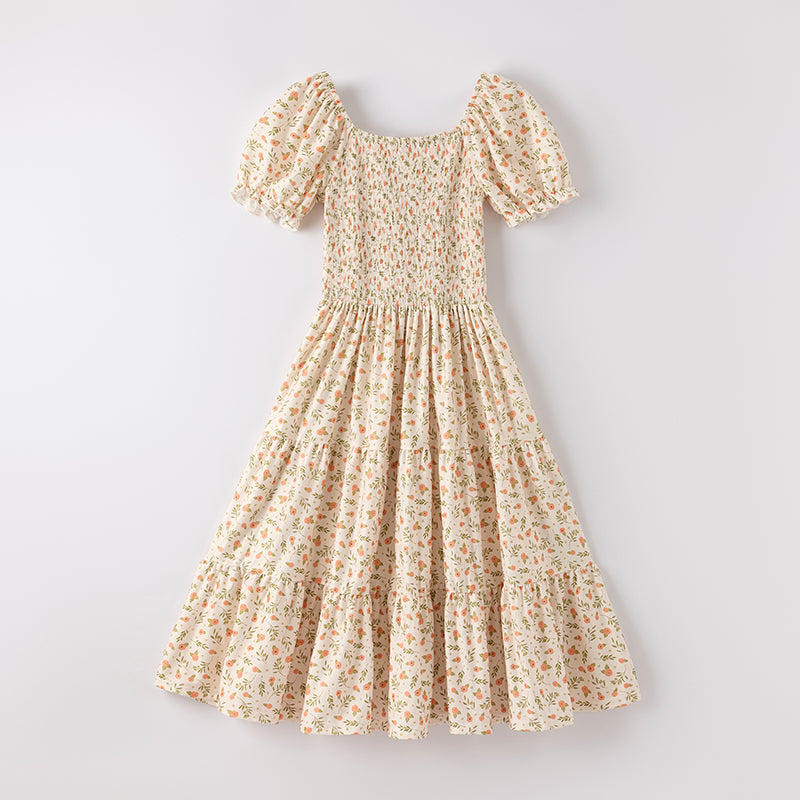 Women Fall Smocking Floral Print Patchwork Maxi Dress