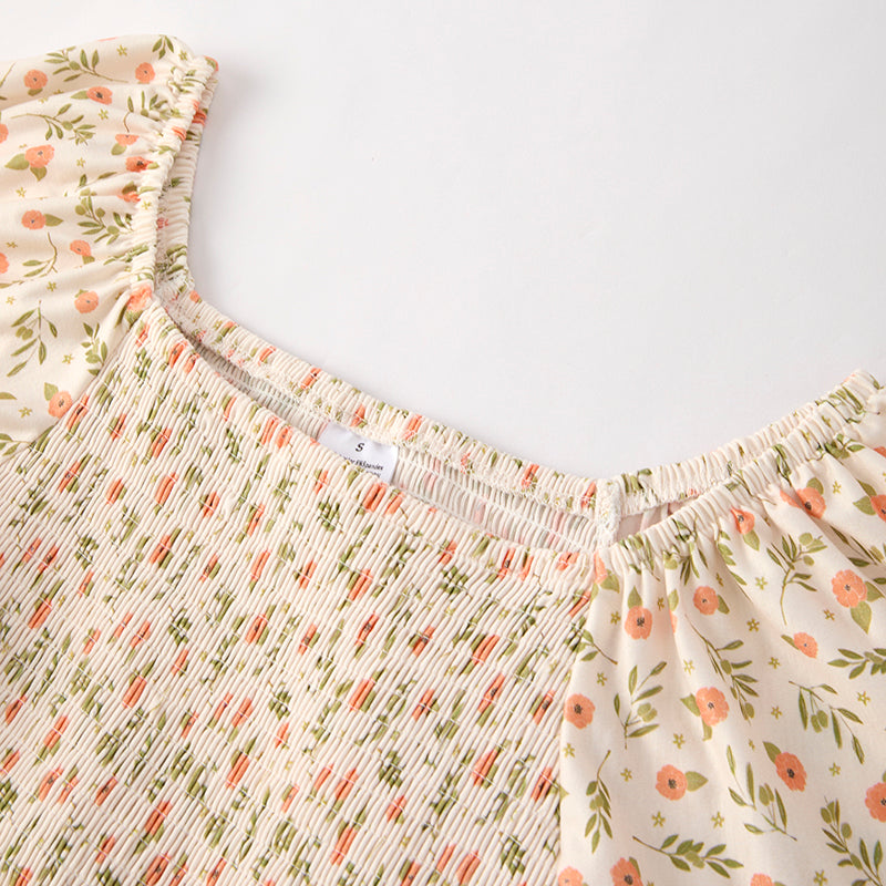 Women Fall Smocking Floral Print Patchwork Maxi Dress