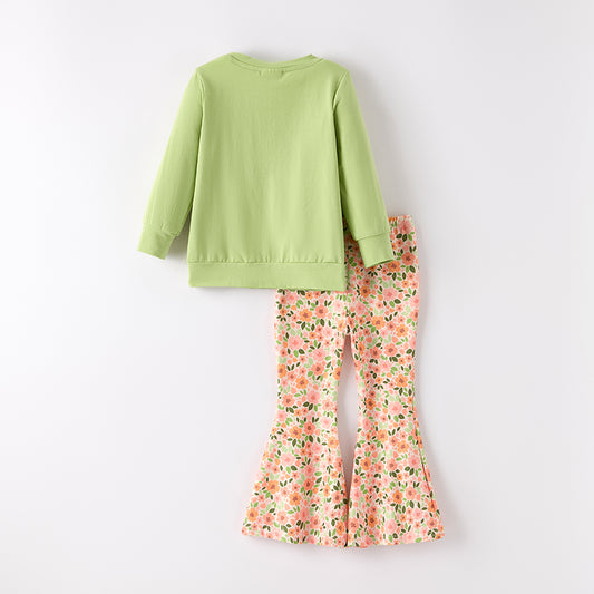 Girls Halloween Green Floral Ghost Applique Bell Pant Set