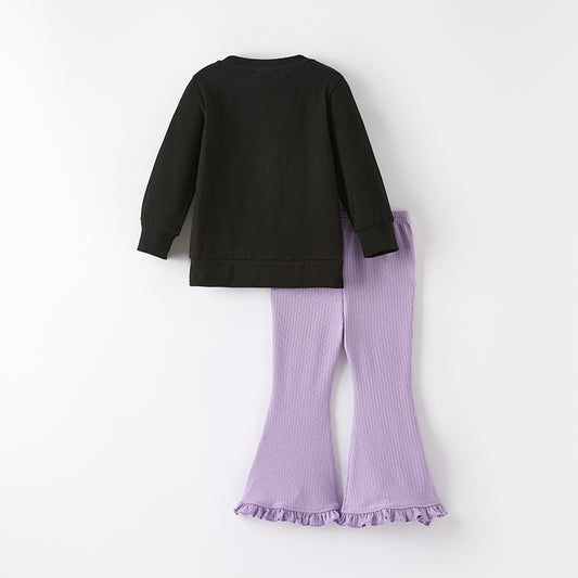 Girls Halloween BOO WITCHES Chenille Patch Black Purple Pant Set