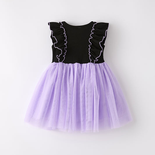 Girls Halloween Black Purple Ghost Applique Tulle Dress