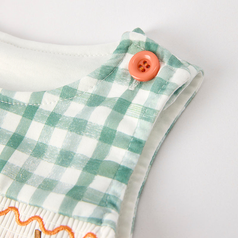Baby Boy Halloween Pumpkin Embroidery Green Plaid Romper