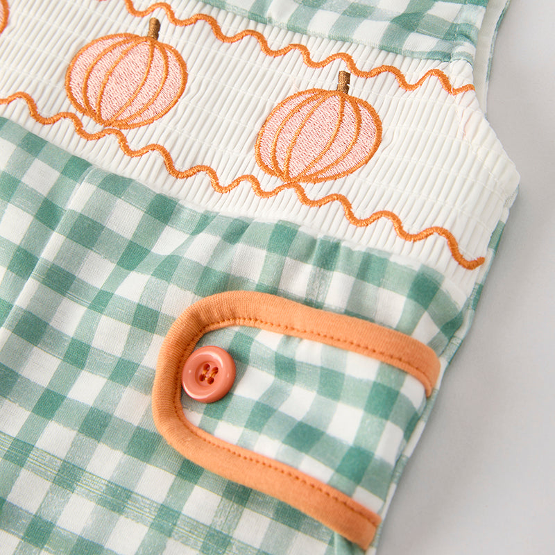 Baby Boy Halloween Pumpkin Embroidery Green Plaid Romper