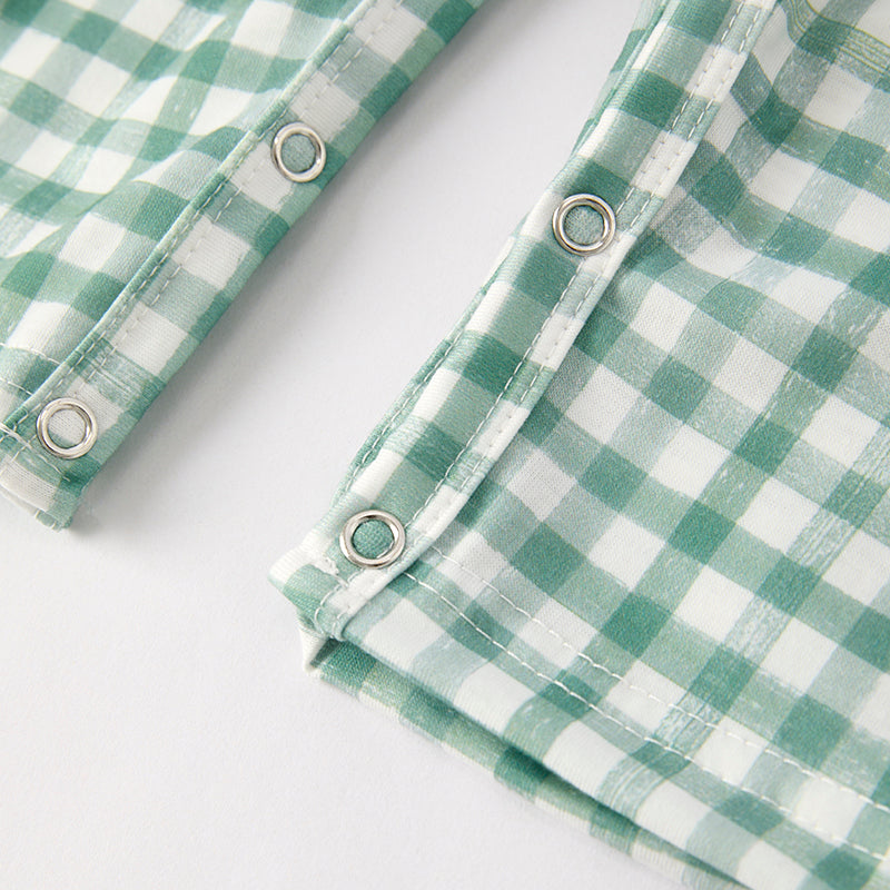 Baby Boy Halloween Pumpkin Embroidery Green Plaid Romper