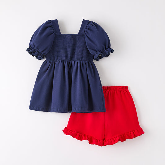 Girls Summer Back To School Apple Applique Smock Short Set