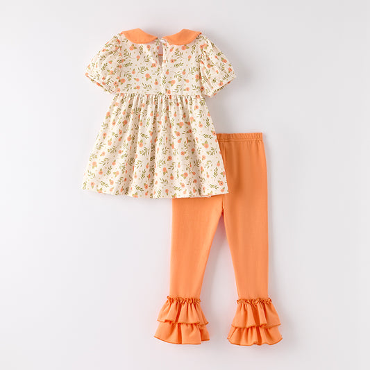 Girls Fall Halloween Pumpkin Applique Long Sleeves Floral Pant Set