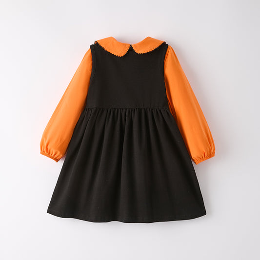 Girls Long Sleeves Cotton Dress Set-Halloween Ghost Applique Orange Black