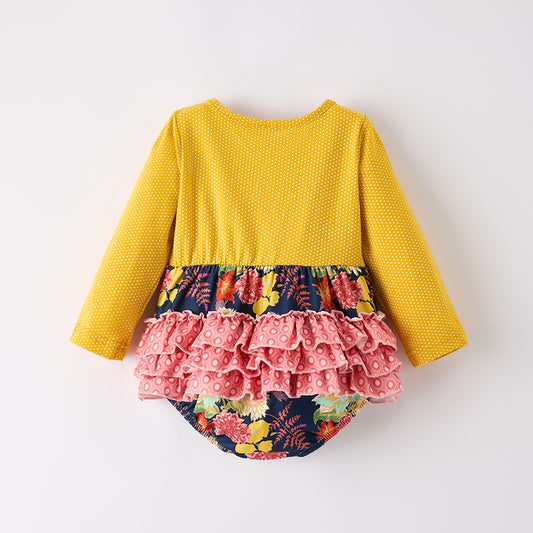 Baby Girls Mustard Floral Print Long Sleeves Ruffled Romper