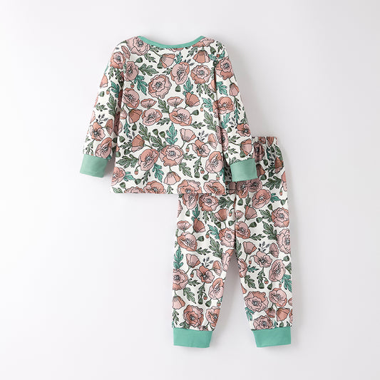 Girls Fall Autumn Green Pink Floral Print Pajamas Set