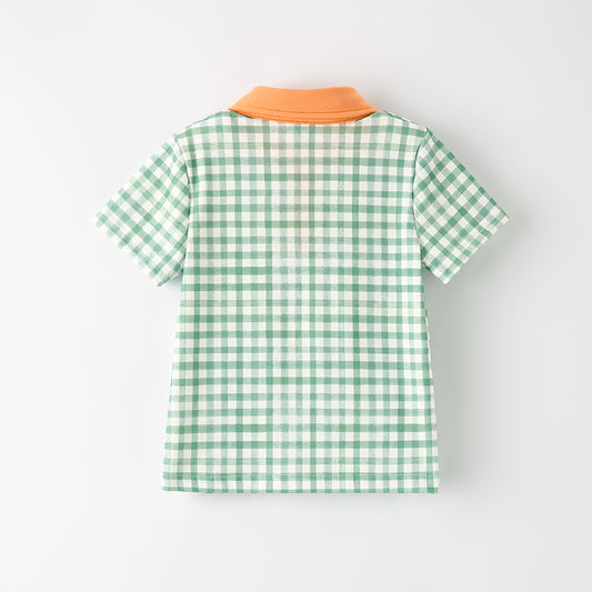 Boys Halloween Green Plaid Yellow Pumpkin Applique Shirt