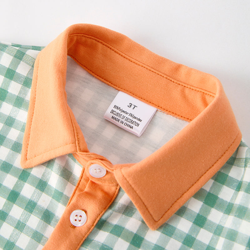 Boys Halloween Green Plaid Yellow Pumpkin Applique Shirt