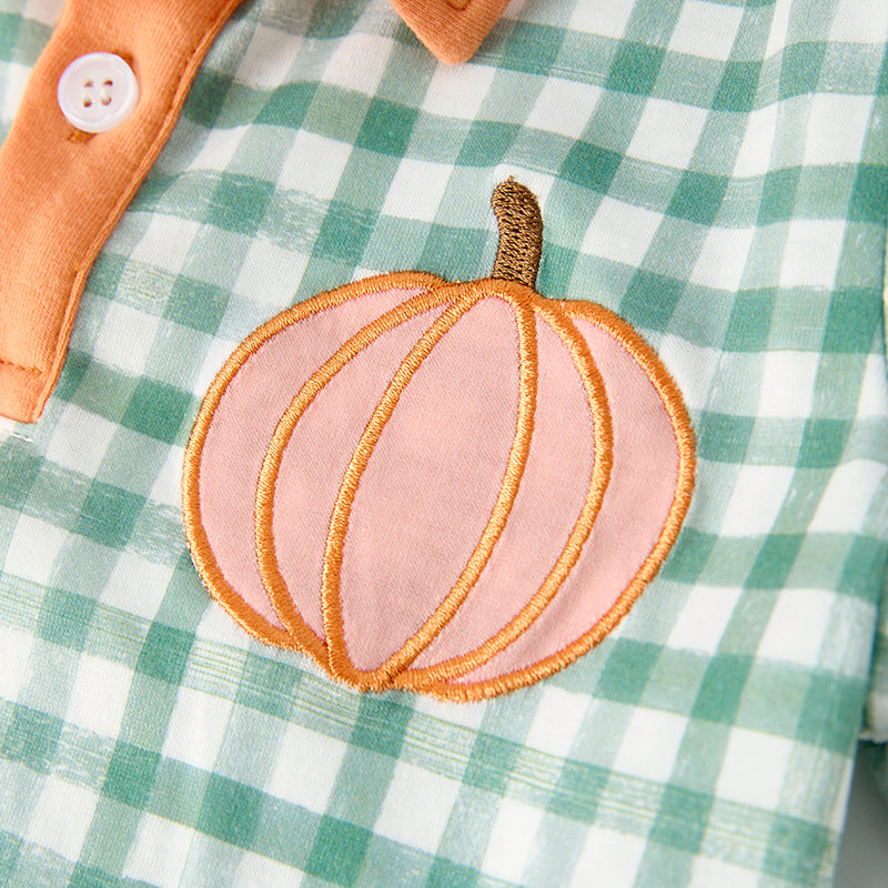 Boys Halloween Green Plaid Yellow Pumpkin Applique Shirt