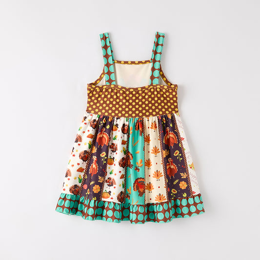 Girls Thanksgiving Turkey Print Slip Belt Dress