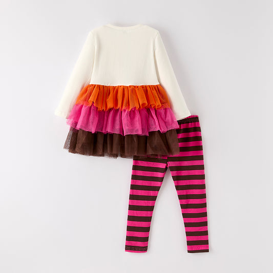 Girls Thanksgiving Turkey Embroidery Tulle Ruffled Pant Set