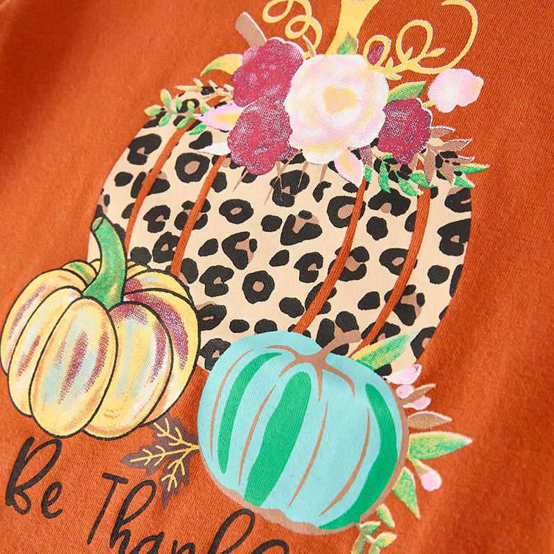 Girls Thanksgiving Pumpkin BE THANKFUL Print Cotton Top