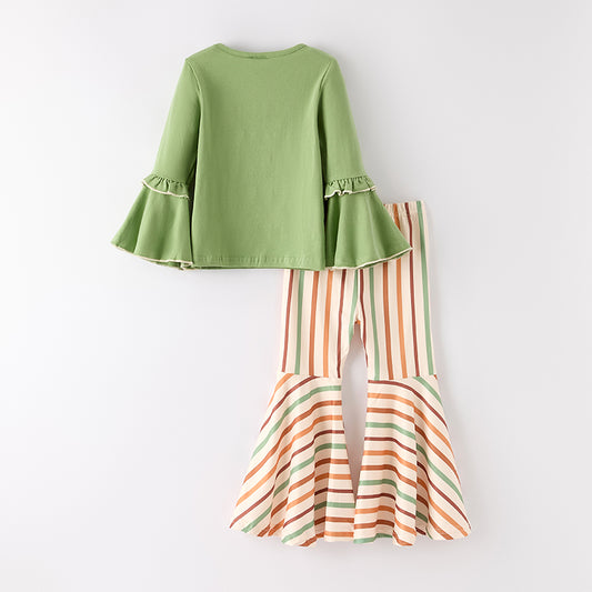 Girls Fall Thanksgiving GOBBLE Green Orange Stripes Pant Set