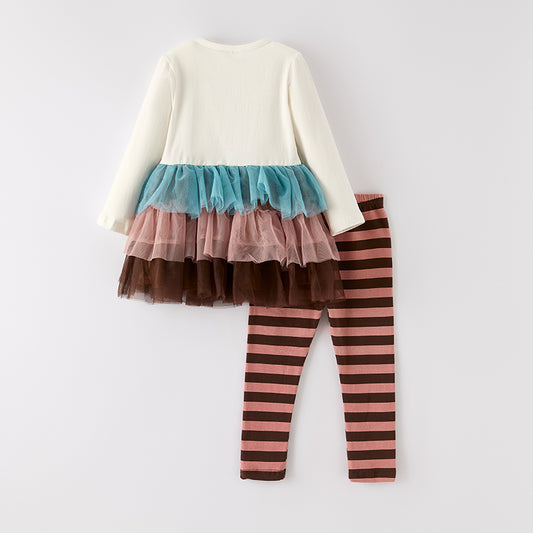 Girls Thanksgiving Pumpkin Embroidery Tulle Ruffled Pant Set