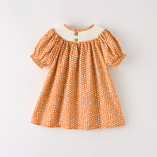 Girls Thanksgiving Fall Turkey Smock Embroidery Orange Dot Dress
