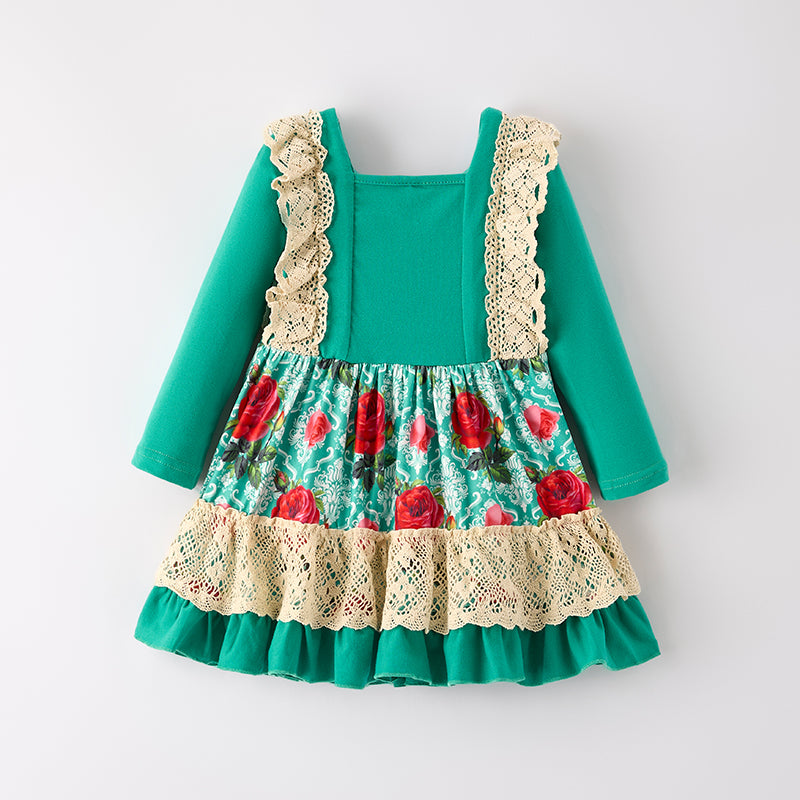 Girls Fall Pumpkin Floral Lace Long Sleeves Dress