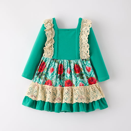 Girls Fall Pumpkin Floral Lace Long Sleeves Dress