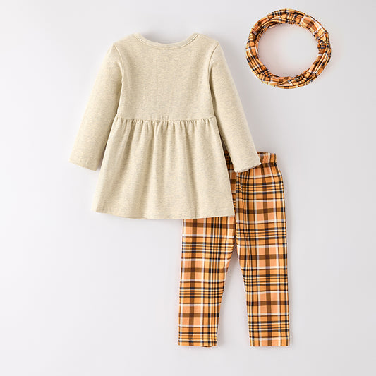 Girls Thanksgiving 3 Pieces Orange Plaid Scarf Set